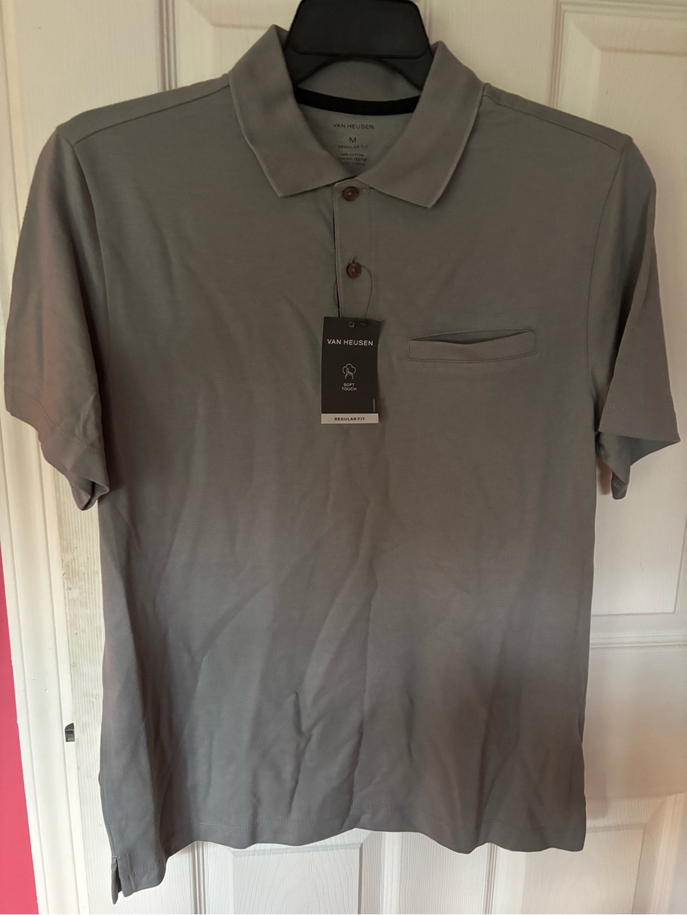 Van Heusen Men's khaki Green Polo Shirt with pocket! Sz medium New with tags.